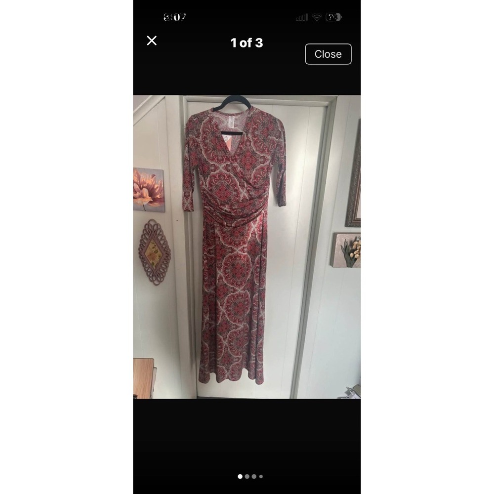 Honey & Lace 3/4 Sleeve Faux Wrap Print Maxi Dress Medium Vacation EUC Paisley